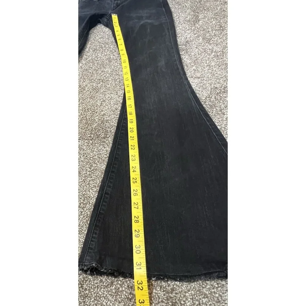 Free People Mid Rise Black Flare Jeans Size 27 Raw Hem Stretch Denim Zipper - Picture 7 of 10